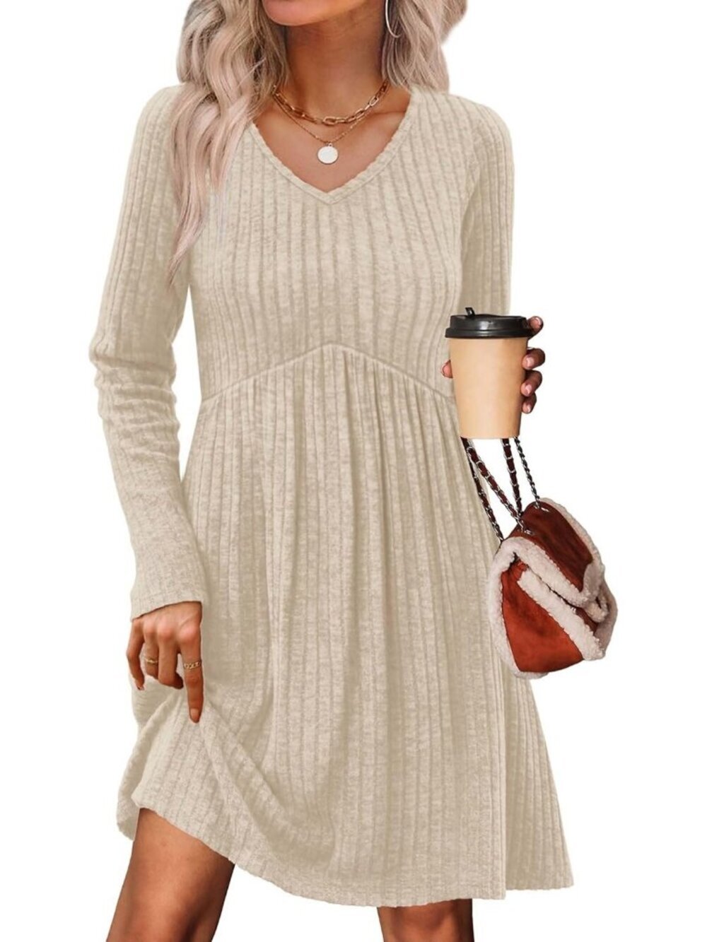 Women's Apricot Neck Empire Waist Baby Doll Long Casual with Pocket Mini Dress
